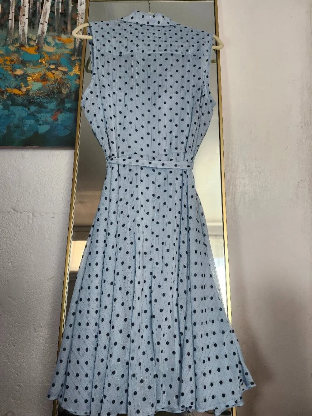 Light blue sleeveless pintuck polka dot dress - Picture 4 of 9
